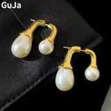Elegant Back Frond Stud Earrings with Simulated Pearl