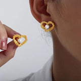 Stainless Steel Heart Earrings Glass Beads Ear Studs