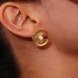 Bohemian Fan Shaped Pearl Stud Earrings