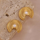 Bohemian Fan Shaped Pearl Stud Earrings