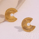 Bohemian Fan Shaped Pearl Stud Earrings