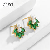 Green Zircon Leaf Stud Earrings for Women Girls Party Jewelry
