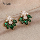 Green Zircon Leaf Stud Earrings for Women Girls Party Jewelry