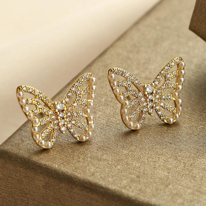 Stylish Butterfly Stud Earrings with Pearl CZ Crystal for Party