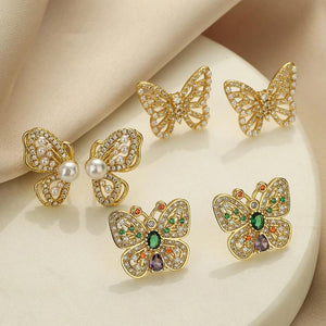 Stylish Butterfly Stud Earrings with Pearl CZ Crystal for Party