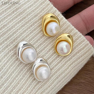 Metal Cream Pearl Earrings Post Studs Jewelry Style For Women