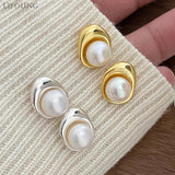 Metal Cream Pearl Earrings Post Studs Jewelry Style For Women