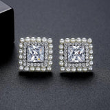 Square CZ Stud Earrings with Small Pearls Inlay Wedding Bridal Jewelry