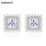 Square CZ Stud Earrings with Small Pearls Inlay Wedding Bridal Jewelry