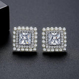 Square CZ Stud Earrings with Small Pearls Inlay Wedding Bridal Jewelry