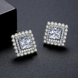 Square CZ Stud Earrings with Small Pearls Inlay Wedding Bridal Jewelry