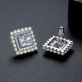 Square CZ Stud Earrings with Small Pearls Inlay Wedding Bridal Jewelry