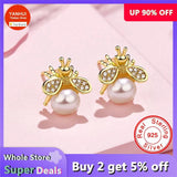Pearl Bee Stud Earrings 925 Silver Needle Piercing Earrings