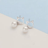 925 Silver Cat Pearl Stud Earrings Animal Mini Earring