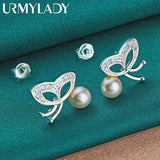925 Silver Butterfly Pearl Stud Earrings Women Wedding Party Jewelry