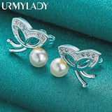925 Silver Butterfly Pearl Stud Earrings Women Wedding Party Jewelry