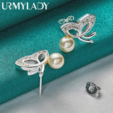925 Silver Butterfly Pearl Stud Earrings Women Wedding Party Jewelry