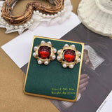 Vintage Red Earrings Rhinestone Pearls Femme Jewelry