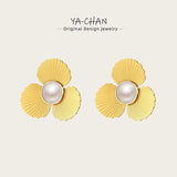 YACHAN Flower Stud Earrings 18K Plated Stainless Steel Vintage Pearl Jewelry
