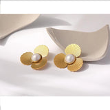 YACHAN Flower Stud Earrings 18K Plated Stainless Steel Vintage Pearl Jewelry