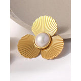 YACHAN Flower Stud Earrings 18K Plated Stainless Steel Vintage Pearl Jewelry