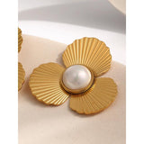YACHAN Flower Stud Earrings 18K Plated Stainless Steel Vintage Pearl Jewelry