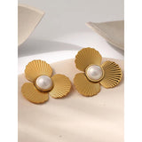 YACHAN Flower Stud Earrings 18K Plated Stainless Steel Vintage Pearl Jewelry