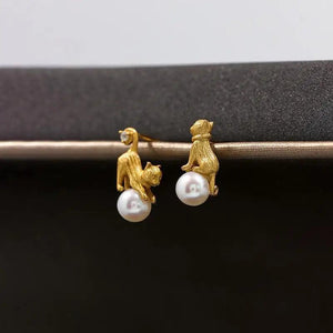 Asymmetry Cat Stud Earrings Simulated Pearl Charm Jewelry