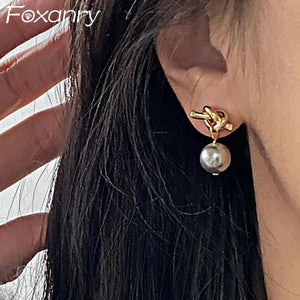 Foxanry Grey Pearl Stud Earrings for Women
