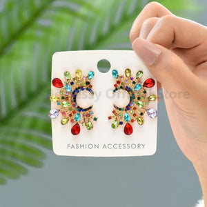 Colorful Pearl Circle Earrings Bohemian Rhinestone Piercing