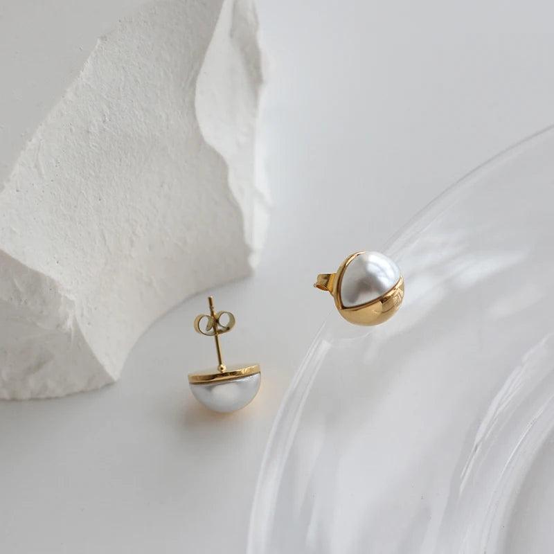 Elegant Pearl Half Round Stud Earrings 18K Plated Stainless Steel