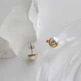 Elegant Pearl Half Round Stud Earrings 18K Plated Stainless Steel