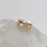 Elegant Pearl Half Round Stud Earrings 18K Plated Stainless Steel