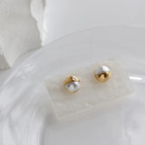 Elegant Pearl Half Round Stud Earrings 18K Plated Stainless Steel