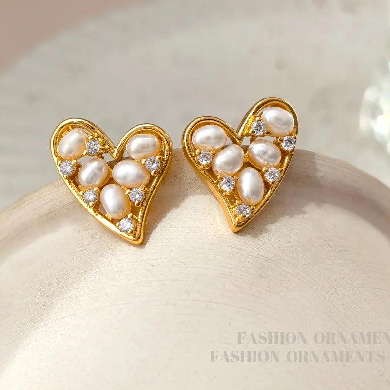 Sweet Temperament Natural Pearl Heart Earrings 925 Silver Needle Women Girl Gift