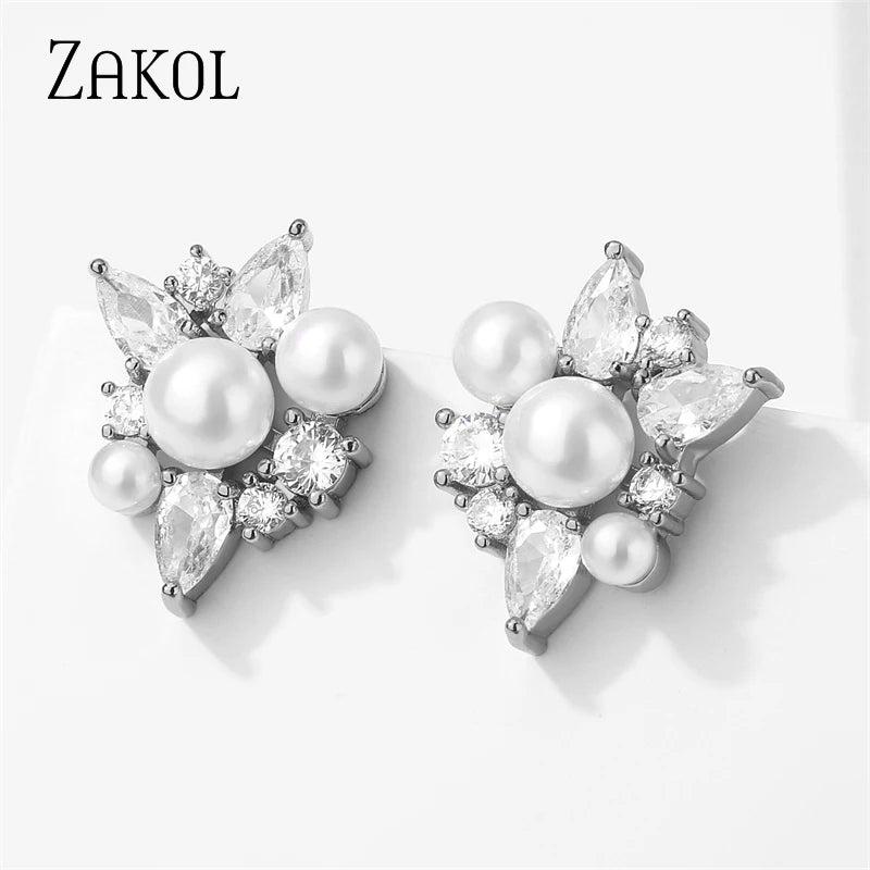 Flower Shape Pearls Stud Earrings Geometric Zirconia Girl Wedding Jewelry
