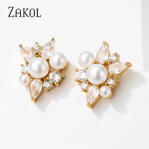 Flower Shape Pearls Stud Earrings Geometric Zirconia Girl Wedding Jewelry