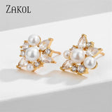 Flower Shape Pearls Stud Earrings Geometric Zirconia Girl Wedding Jewelry