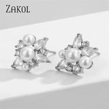Flower Shape Pearls Stud Earrings Geometric Zirconia Girl Wedding Jewelry