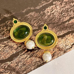 French Emerald Oval Earrings Vintage Pearl Pendientes
