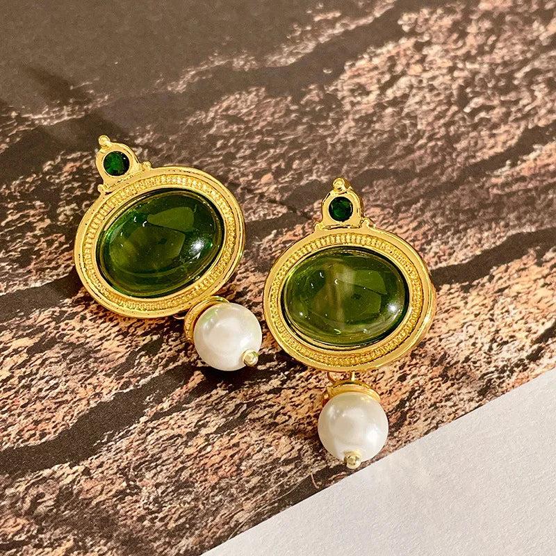 French Emerald Oval Earrings Vintage Pearl Pendientes