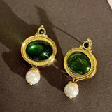 French Emerald Oval Earrings Vintage Pearl Pendientes