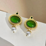 French Emerald Oval Earrings Vintage Pearl Pendientes