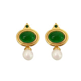 French Emerald Oval Earrings Vintage Pearl Pendientes