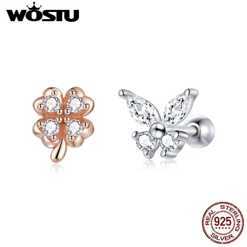 925 Sterling Silver Lucky Grass Butterfly Stud Earrings Women Jewelry