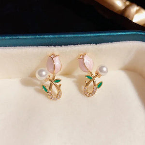 Summer Pink Tulip Flower Pearl Earrings 18k Plated Floral Pearl 2 In 1