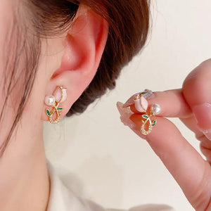 Summer Pink Tulip Flower Pearl Earrings 18k Plated Floral Pearl 2 In 1