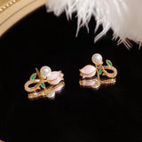 Summer Pink Tulip Flower Pearl Earrings 18k Plated Floral Pearl 2 In 1