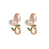 Summer Pink Tulip Flower Pearl Earrings 18k Plated Floral Pearl 2 In 1