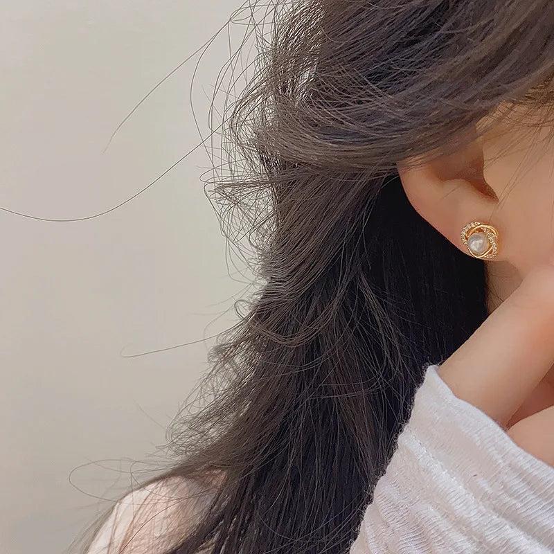 French & Pearl Zircon Inlaid Earrings for Daily Wear